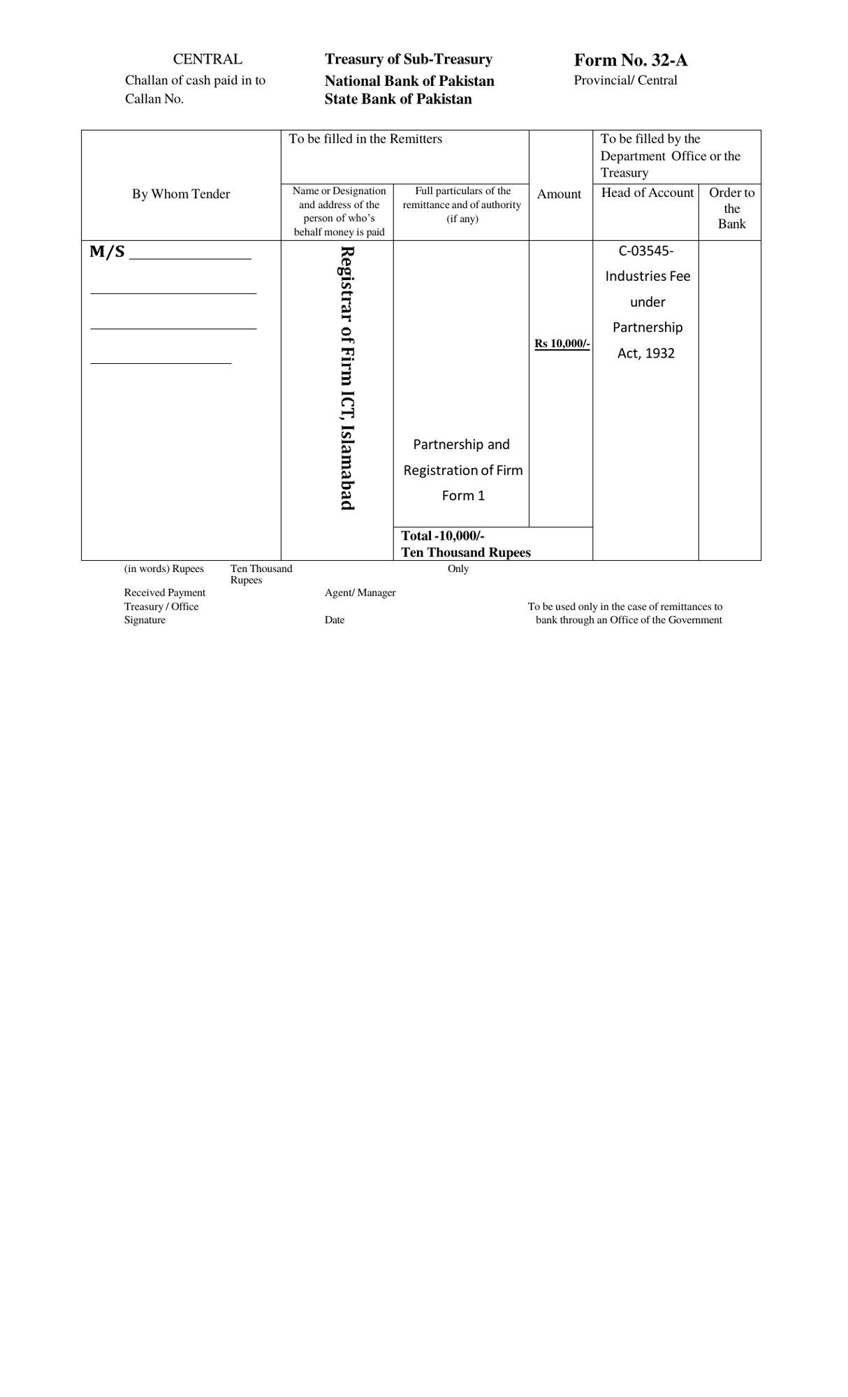 Challan Form No. 32-A — registration fee — page 1
